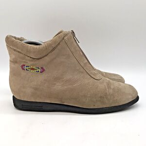 Beacon Tan Suede Wedge Ankle Boots Women's 7.5M Front Zip Booties Comfort Shoes
